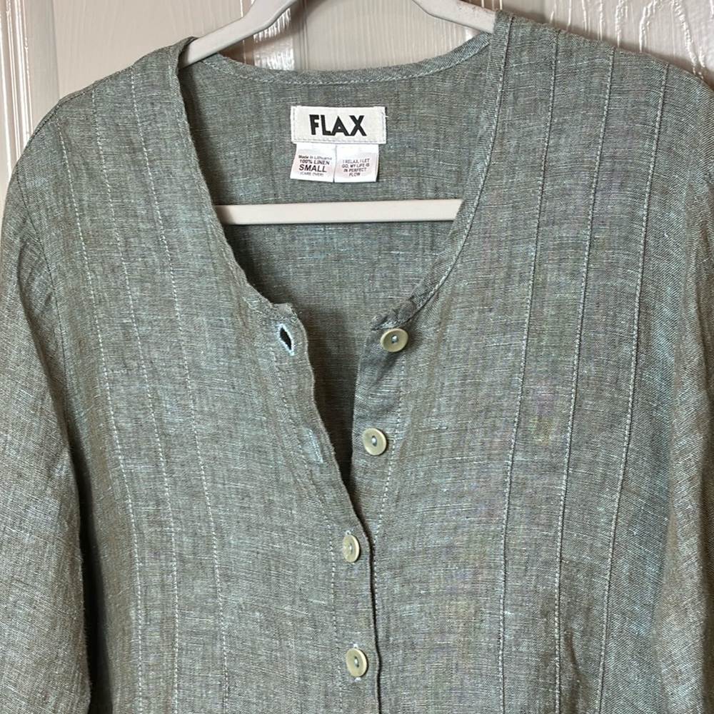 Flax Long Sleeved Turquoise Blue/Brown Relaxed Fit Linen Blouse Size Small EUC